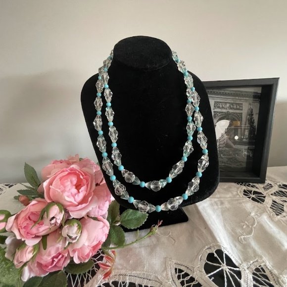1970s Boho Clear Crystal and Blue Bead Long Necklace - Picture 1 of 10